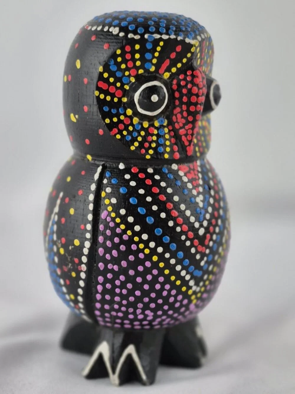 Hand Painted Wooden Owl Figurine Dot Art Folk Art Sculpture